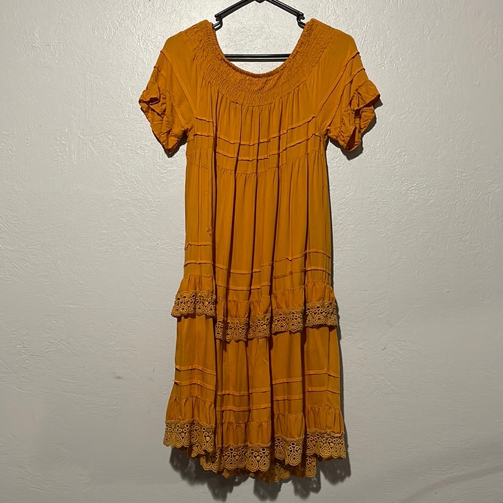 mustard yellow dress, hangs off shoulders, size small